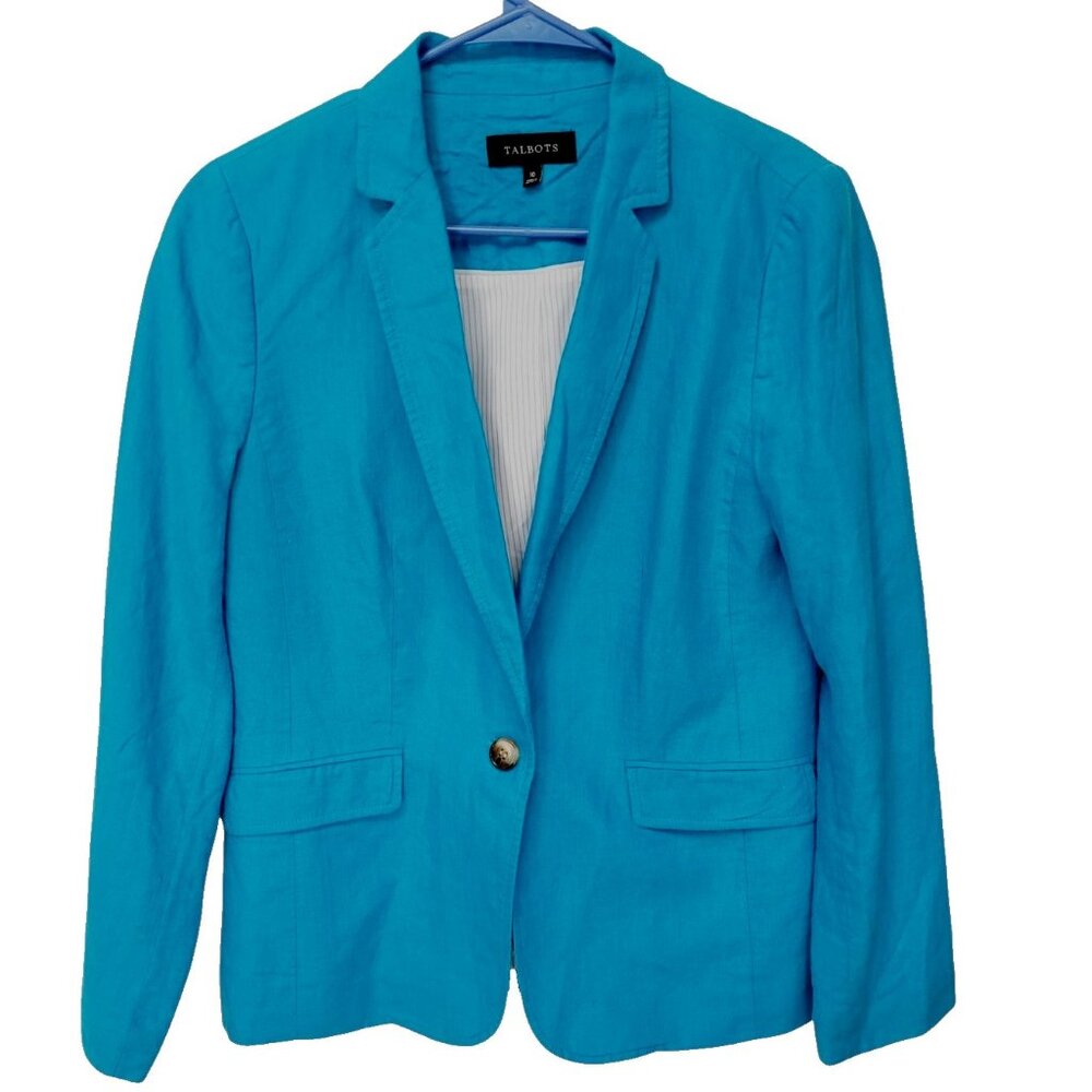 Talbots Blazer Jacket Size‎ 10 Linen Single Button Lined Casual Preppy Blue